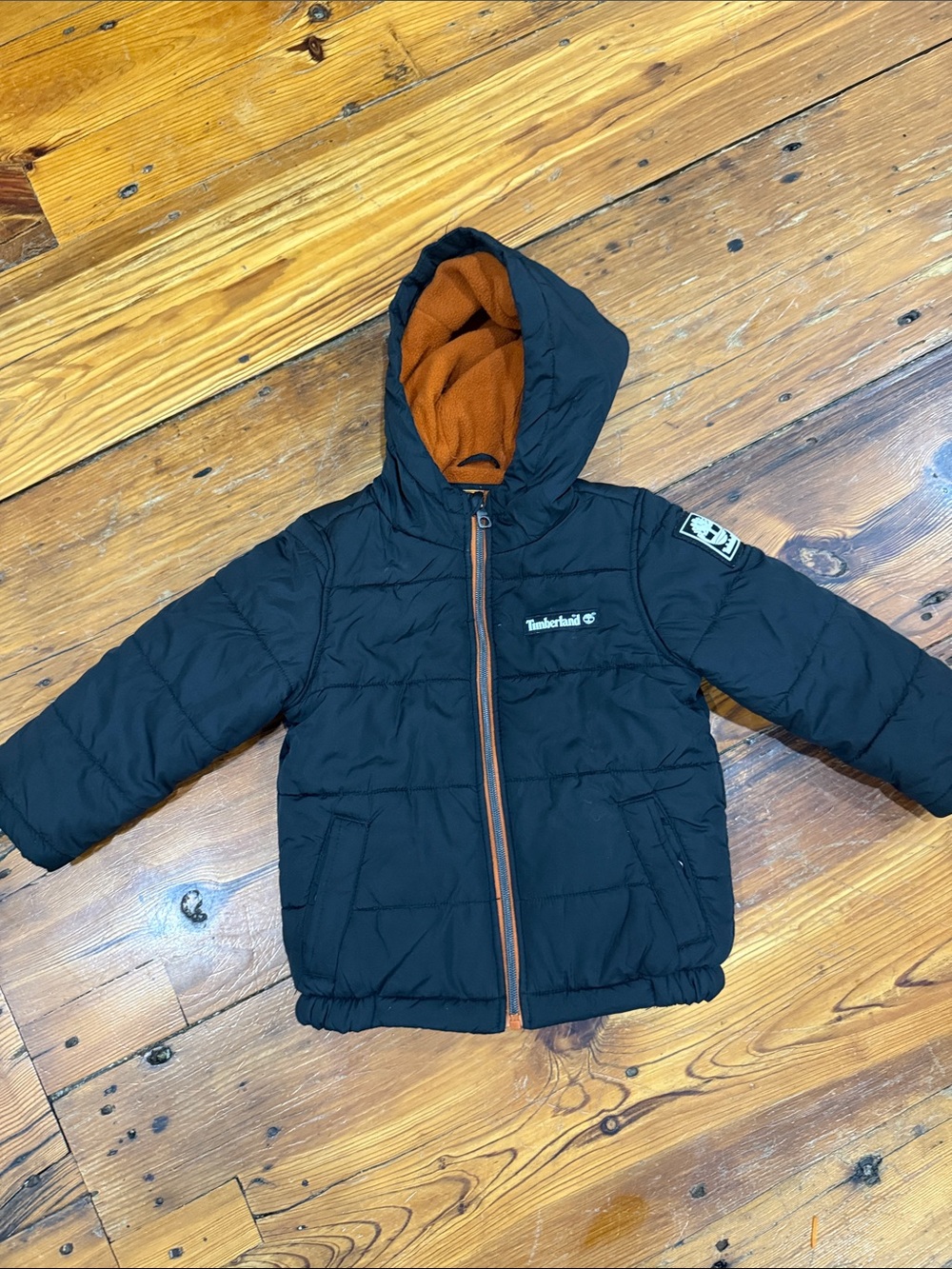 Timberland Black Puffer Jacket with Orange Lining Size 3T Toddler